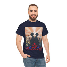 Load image into Gallery viewer, T-shirt with an Australian and New Zealand soldier back to back with light-horsemen in the background and poppies in the foreground