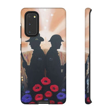 Load image into Gallery viewer, Phone case with an Australian and New Zealand soldier back to back with light-horsemen in the background and poppies in the foreground