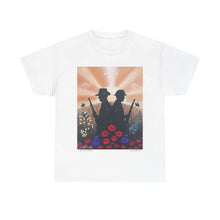Load image into Gallery viewer, T-shirt with an Australian and New Zealand soldier back to back with light-horsemen in the background and poppies in the foreground