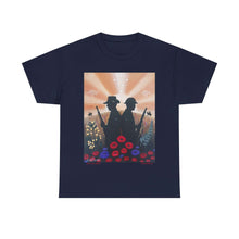 Load image into Gallery viewer, T-shirt with an Australian and New Zealand soldier back to back with light-horsemen in the background and poppies in the foreground