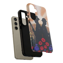 Load image into Gallery viewer, Phone case with an Australian and New Zealand soldier back to back with light-horsemen in the background and poppies in the foreground
