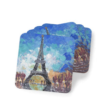 Load image into Gallery viewer, Corkwood underside, glossy finish on top. 1 or 4 pc sets. 9.5 x 9.5cm. Impressionistic painting of the iconic Eiffel Tower