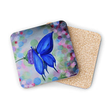 Load image into Gallery viewer, Corkwood underside, glossy finish on top. Comes in 1 or 4 pc sets 9.5 x 9.5cm. Blue butterfly on flower & abstract background