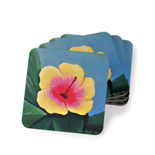 Load image into Gallery viewer, Corkwood underside, glossy finish on top. 1 or 4 pc sets. 9.5 x 9.5cm. Yellow & pink hibiscus on greenery