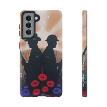 Load image into Gallery viewer, Phone case with an Australian and New Zealand soldier back to back with light-horsemen in the background and poppies in the foreground