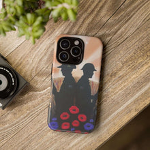 Load image into Gallery viewer, Phone case with an Australian and New Zealand soldier back to back with light-horsemen in the background and poppies in the foreground