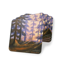 Load image into Gallery viewer, Corkwood underside, glossy finish on top. 1 or 4 pc sets. 9.5 x 9.5cm. Sunset scene in a pine forest, Sun rays & colours