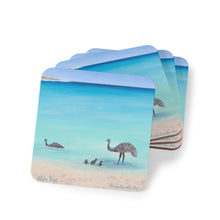 Load image into Gallery viewer, Corkwood underside, glossy finish on top. 1 or 4 pc sets. 9.5x9.5cm. Emus swim at a turquoise beach in Denham, West Australia