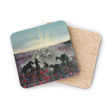 Load image into Gallery viewer, Corkwood underside, glossy finish on top. 1 or 4 pc sets. 9.5 x 9.5cm. ANZAC Soldier & animals walking through poppy field