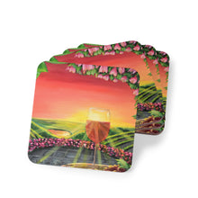 Load image into Gallery viewer, Corkwood underside, glossy finish on top. 1 or 4 pc sets. 9.5x9.5cm. Wine glass, grapes, vineyard, flowers, sunset, sunrays