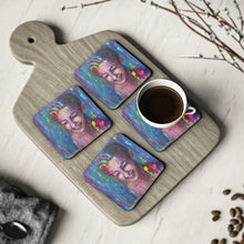 Load image into Gallery viewer, Corkwood underside, glossy finish on top. 1 or 4 pc sets. 9.5 x 9.5cm. Laughing female w/ paint splashes on her. LGBTQIA+