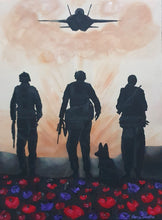 Load image into Gallery viewer, Original Artwork painted ANZAC Day 2023. 3 soldiers &amp; a dog walking through red &amp; purple poppies with an F-18 jet flying over
