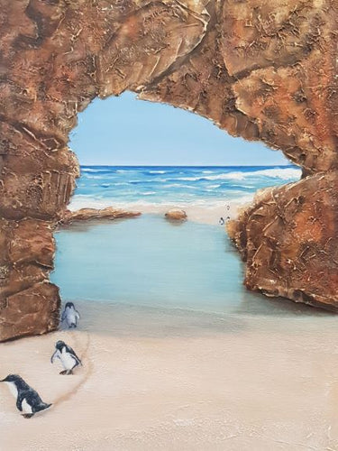 Original artwork of penguins walking up a rocklined beach by Kerry Sandhu Art