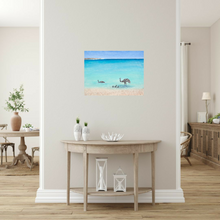 Load image into Gallery viewer, Original painting of a emu family taking a swim at a gorgeous calm turquoise beach in Denham Western Australia