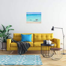 Load image into Gallery viewer, Original painting of a emu family taking a swim at a gorgeous calm turquoise beach in Denham Western Australia