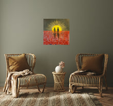 Load image into Gallery viewer, Abstract Aboriginal flag w/ silhouette of Aboriginal holding spear & soldier holding a gun w/ red poppies by Kerry Sandhu Art