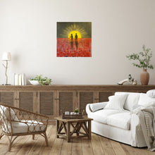 Load image into Gallery viewer, Abstract Aboriginal flag w/ silhouette of Aboriginal holding spear & soldier holding a gun w/ red poppies by Kerry Sandhu Art