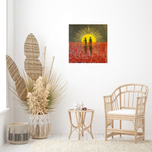 Load image into Gallery viewer, Abstract Aboriginal flag w/ silhouette of Aboriginal holding spear & soldier holding a gun w/ red poppies by Kerry Sandhu Art