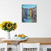 Load image into Gallery viewer, Original artwork of a silhouette of a lady under a chakra / rainbow / pride coloured waterfall by Kerry Sandhu Art