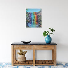 Load image into Gallery viewer, Original artwork of a silhouette of a lady under a chakra / rainbow / pride coloured waterfall by Kerry Sandhu Art