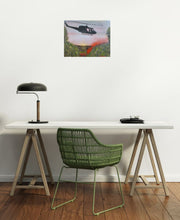 Load image into Gallery viewer, Original Artwork painted ANZAC Day 2022. A Huey helicopter hovering over red smoke and poppies in Vietnam by Kerry Sandhu Art