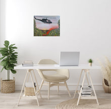 Load image into Gallery viewer, Original Artwork painted ANZAC Day 2022. A Huey helicopter hovering over red smoke and poppies in Vietnam by Kerry Sandhu Art