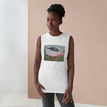 Load image into Gallery viewer, Regular fit sleeveless tank tee is 100% light cotton w/ low & raw (unsewn) armholes by Kerry Sandhu Art. 7 ANZAC designs