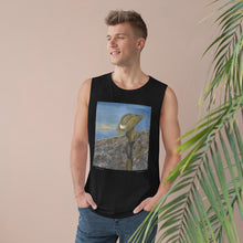 Load image into Gallery viewer, Regular fit sleeveless tank tee is 100% light cotton w/ low & raw (unsewn) armholes by Kerry Sandhu Art. 7 ANZAC designs