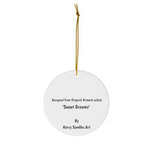 Load image into Gallery viewer, Original artwork front, description on back. Thick high-quality porcelain. 7cm diameter. Comes w/ ribbon by Kerry Sandhu Art