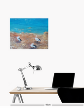 Load image into Gallery viewer, Original painting of three Australian pelicans on a beach by Kerry Sandhu Art