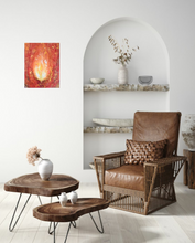 Load image into Gallery viewer, Original abstract painting of an orange and yellow flame with gold leaf detail by Kerry Sandhu Art
