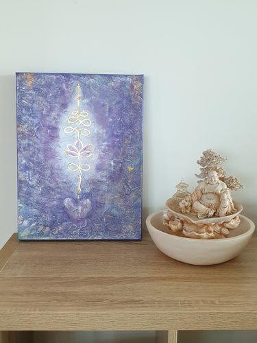 Original painting of a unalome power symbol in gold leaf on an abstract background by Kerry Sandhu Art