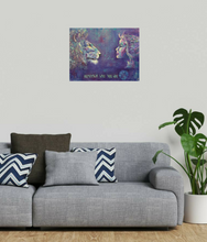 Load image into Gallery viewer, Bold colour painting of a lion &amp; lady looking at each other with words &#39;Remember Who You Are&#39; by Kerry Sandhu Art
