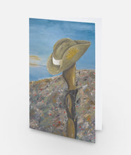 Load image into Gallery viewer, Original painting of a Digger&#39;s slouch hat resting on a gun with an ANZAC inspired Crest on a blank card

