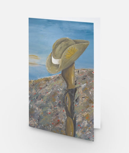 Original painting of a Digger's slouch hat resting on a gun with an ANZAC inspired Crest on a blank card