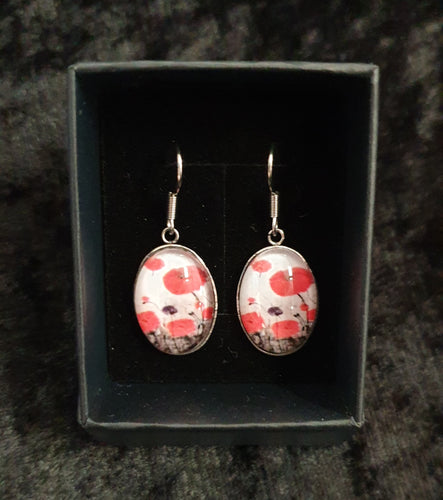 Original painting of red poppies with an abstract background on surgical steel 13 x 18mm oval earrings