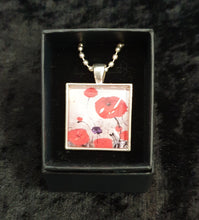 Load image into Gallery viewer, 25mm Square Pendant & Chain - Original painting of red poppies with an abstract background