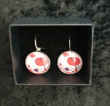 Load image into Gallery viewer, Original painting of red poppies with an abstract background on 18mm silver coloured clasp earrings