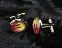 Load image into Gallery viewer, 16mm Cufflinks - Abstract Aboriginal flag/Rising Sun & silhouette of Aboriginal holding spear & soldier holding gun & poppies