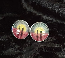 Load image into Gallery viewer, 16mm Studs - Abstract Aboriginal flag/Rising Sun & silhouette of Aboriginal holding spear & soldier holding gun & red poppies