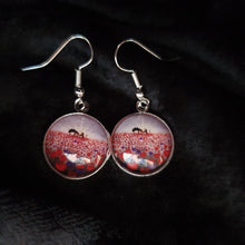 Load image into Gallery viewer, 16mm Earrings - Sunrise (ANZAC Crest), silhouette of soldier with horse drinking from a hat, a field of red & purple poppies