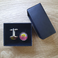 Load image into Gallery viewer, 16mm Cufflinks - Abstract Aboriginal flag/Rising Sun & silhouette of Aboriginal holding spear & soldier holding gun & poppies