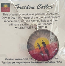 Load image into Gallery viewer, 30mm Pendant/Chain -Abstract Aboriginal flag/Rising Sun silhouette of Aboriginal holding spear, soldier holding gun & poppies