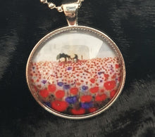 Load image into Gallery viewer, 30mm Pendant & Chain - Sunrise (ANZAC Crest), silhouette soldier, horse drinking from a hat, a field of red & purple poppies