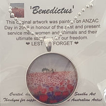 Load image into Gallery viewer, 30mm Pendant & Chain - Sunrise (ANZAC Crest), silhouette soldier, horse drinking from a hat, a field of red & purple poppies