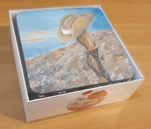 Load image into Gallery viewer, Cork underside, glossy finish top. 1 or 4 pc sets. 9.5x9.5cm. Box set 6 different ANZAC original artworks with BONUS magnets