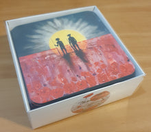 Load image into Gallery viewer, Cork underside, glossy finish top. 1 or 4 pc sets. 9.5x9.5cm. Box set 6 different ANZAC original artworks with BONUS magnets