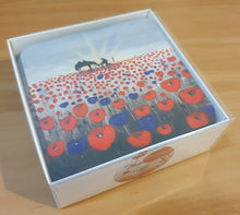 Load image into Gallery viewer, Cork underside, glossy finish top. 1 or 4 pc sets. 9.5x9.5cm. Box set 6 different ANZAC original artworks with BONUS magnets