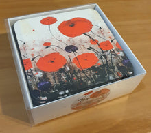 Load image into Gallery viewer, Cork underside, glossy finish top. 1 or 4 pc sets. 9.5x9.5cm. Box set 6 different ANZAC original artworks with BONUS magnets