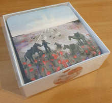 Load image into Gallery viewer, Cork underside, glossy finish top. 1 or 4 pc sets. 9.5x9.5cm. Box set 6 different ANZAC original artworks with BONUS magnets